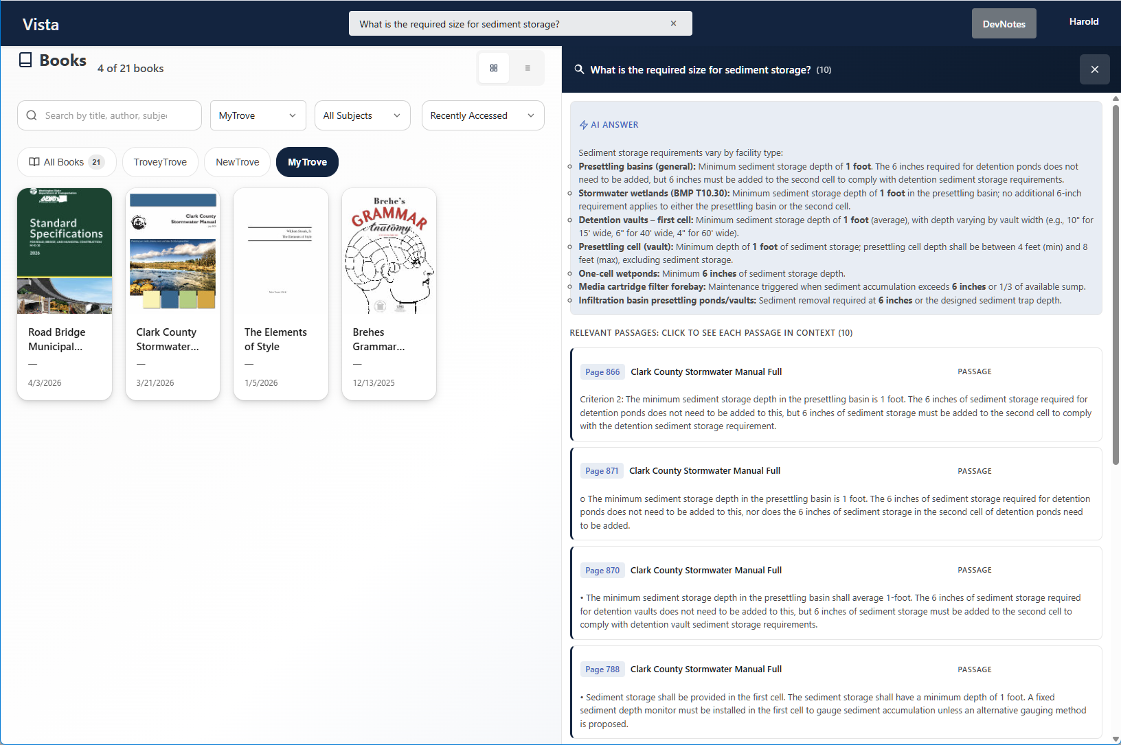 The Retriever search interface showing passage retrieval with AI answer and source citations