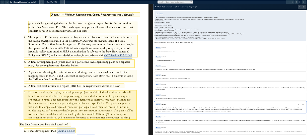 The Retriever showing search results with AI-generated answer and source passage citations